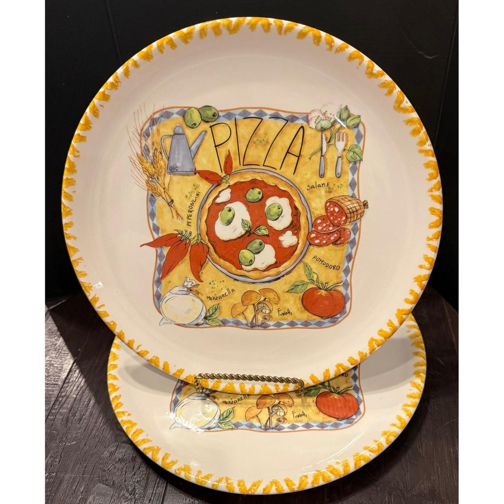C.M.S. Pizza Plates Plate Yellow Trim Rustic Hand Painted Italy Set of 2 NEW